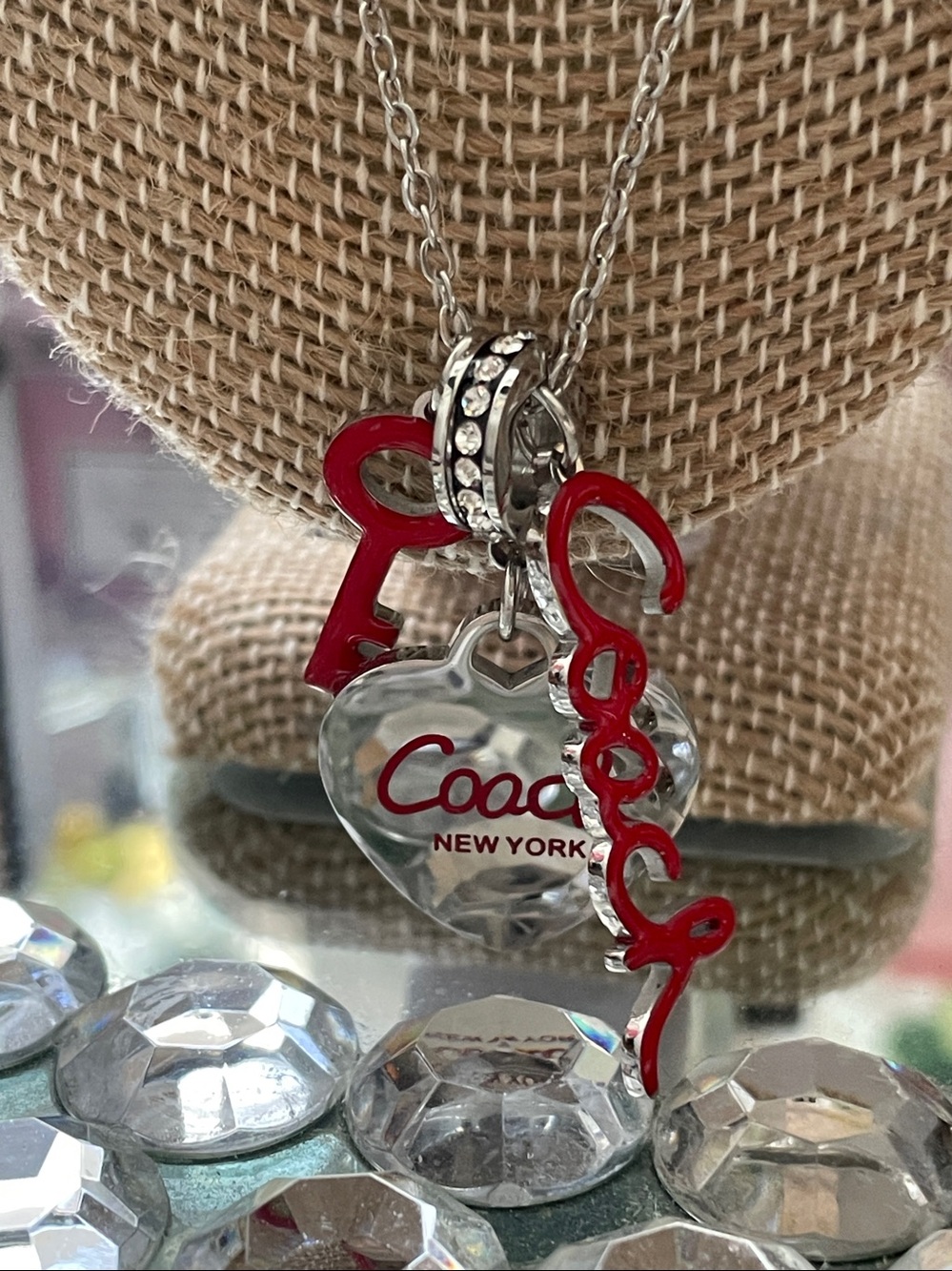 ✨ Silver-Tone Chain Necklace with Red Heart and Logo Pendant Charms✨NWOT